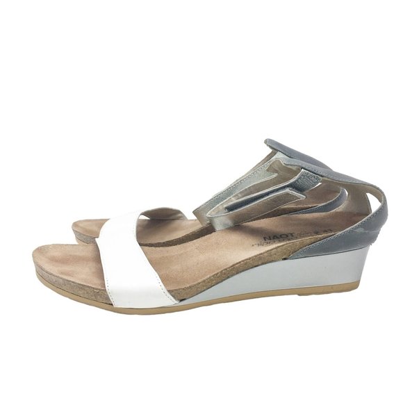 Naot Pixie Leather Wedge Ankle Strap Sandals White Silver EU 41 US 10-10.5 - Picture 2 of 15